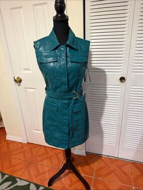 Sleeveless Teal Faux-Leather Mini Dress with Belt